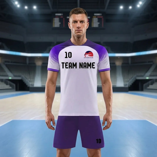 Person wearing a sports jersey with 'TEAM NAME' and number '10' on an indoor sports arena background