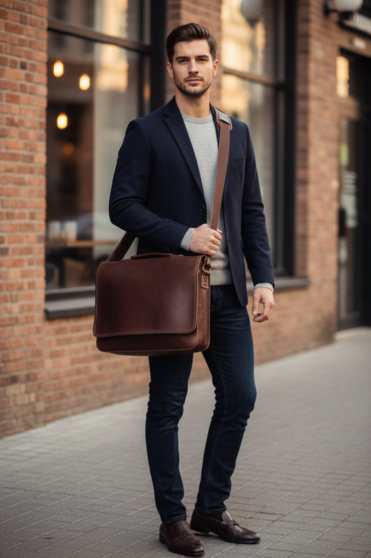 Leather messenger bag, side view