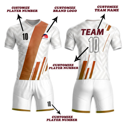 Customizable soccer uniform displayed front and back with options to customize player number, brand logo, and team name highlighted in orange arrows.