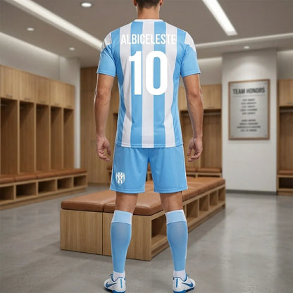 Person wearing a blue and white striped sports jersey in a locker room.