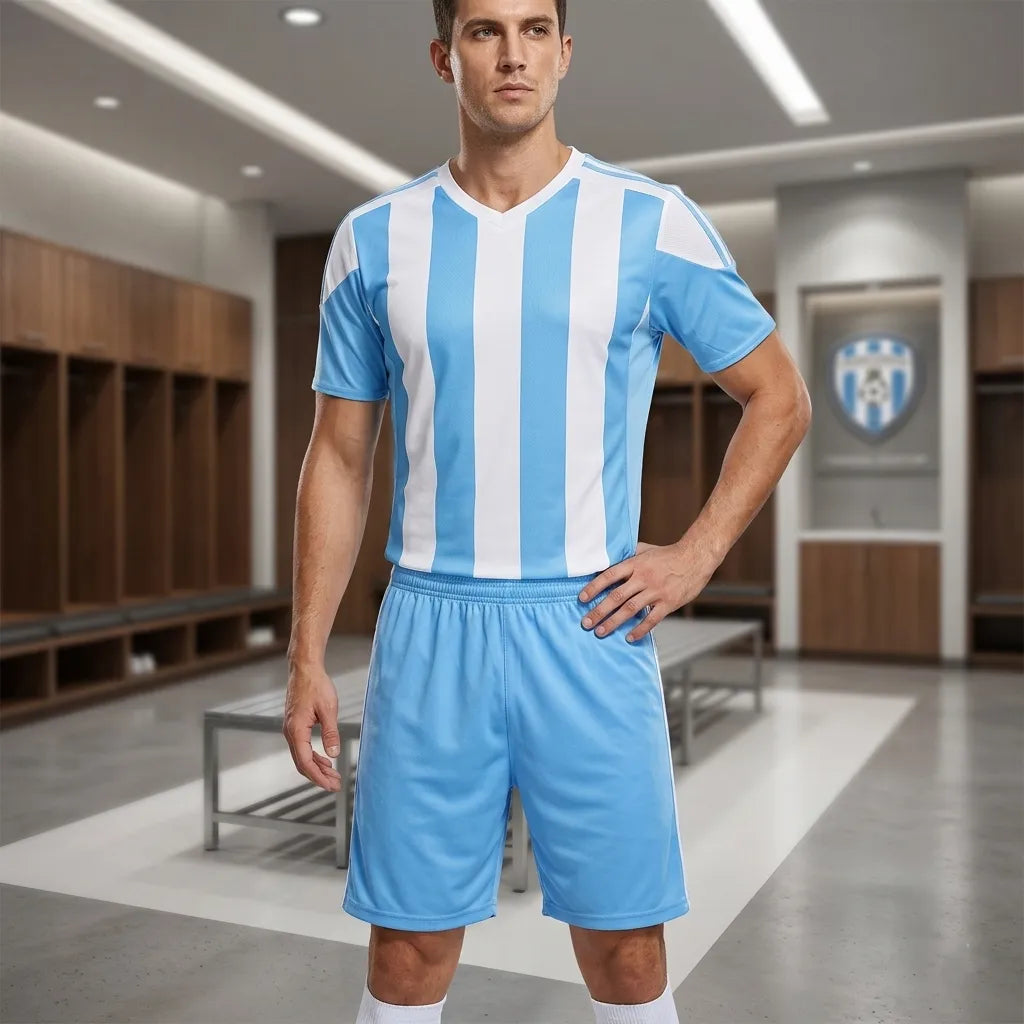 Man wearing a blue and white striped sports uniform in a locker room.