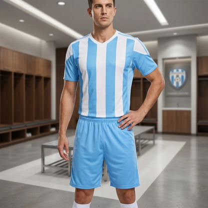 Man wearing a blue and white striped sports uniform in a locker room.