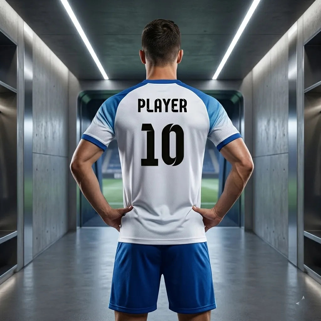 Person wearing a sports jersey with 'PLAYER' and number '10' in a locker room.