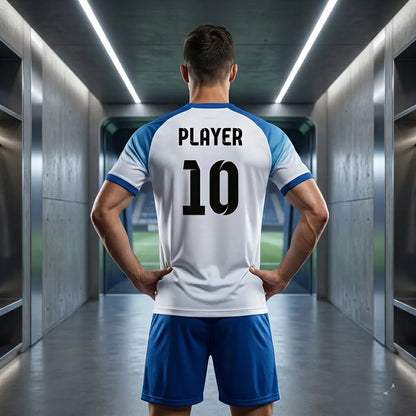 Person wearing a sports jersey with 'PLAYER' and number '10' in a locker room.