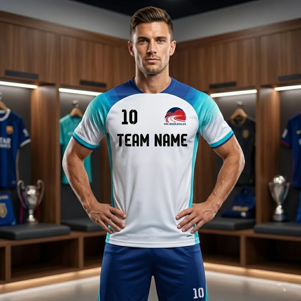 Man wearing a sports jersey with 'TEAM NAME' in a locker room setting