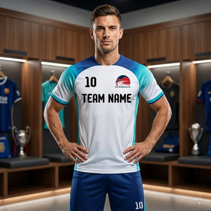 Man wearing a sports jersey with 'TEAM NAME' in a locker room setting