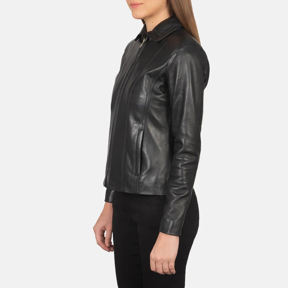 wholesale-womens-black-leather-jacket-front-side-pose